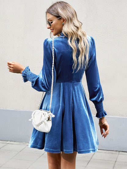 Velvet Dress Burgundy High Collar Long Sleeves Fall Mini Dresses