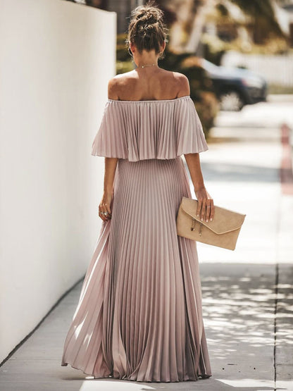 Maxi Dresses Half Sleeves Yellow Bateau Neck Pleated Asymmetrical   Floor Length Dress
