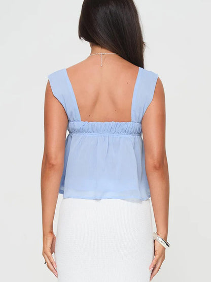 Simple Lace Up Square Neck Blue Tank Top