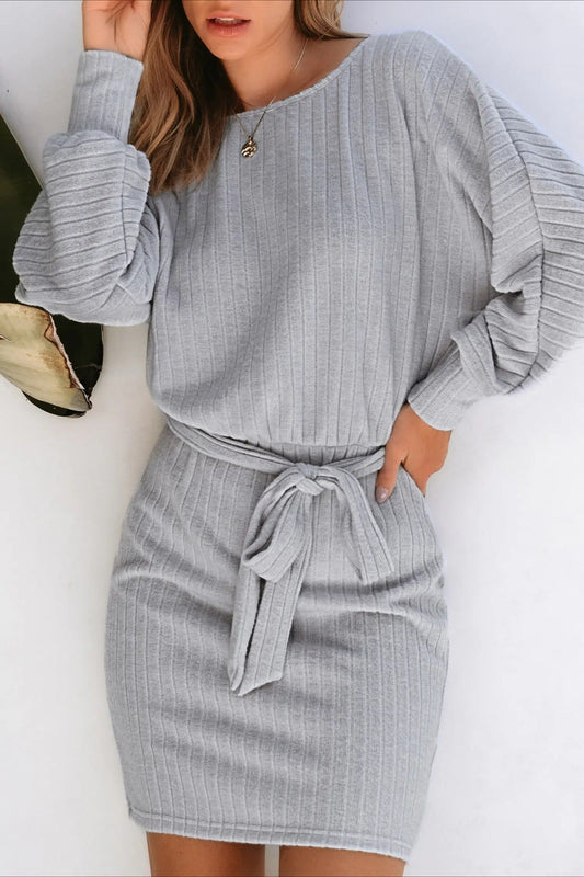 Ribbed Knit Belted Sweater Dress