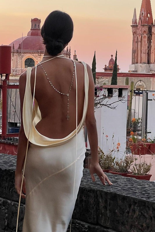 Off-Shoulder Cowl Neck Draped Satin Floor-Length Column Gown