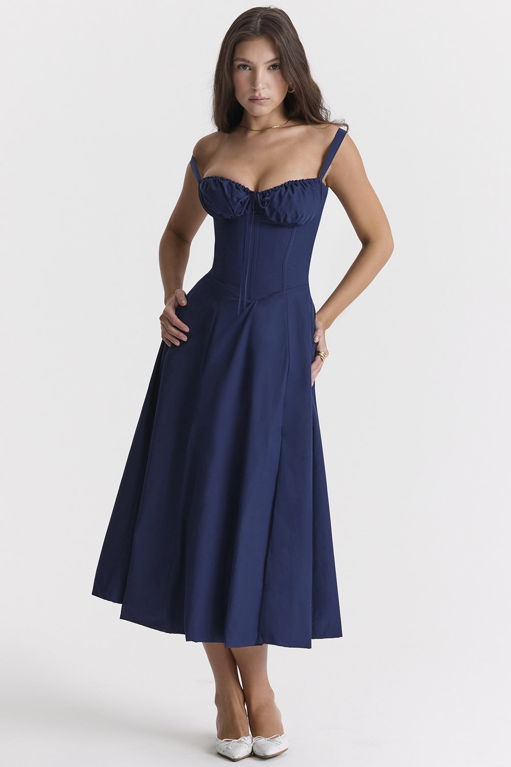 Corset Bodice Ruched Bust Tie-Front Flared Strap Midi Dress
