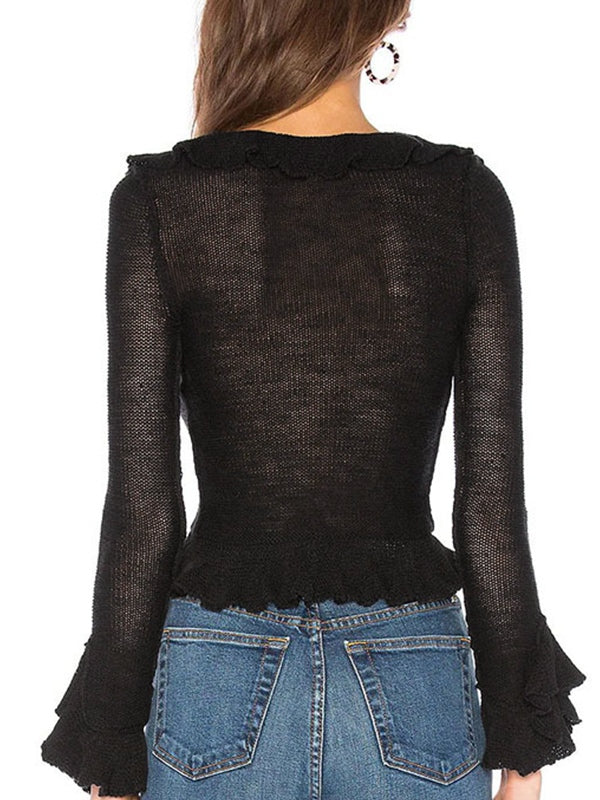 Solid V Neck Ruffle Long Sleeve Knit