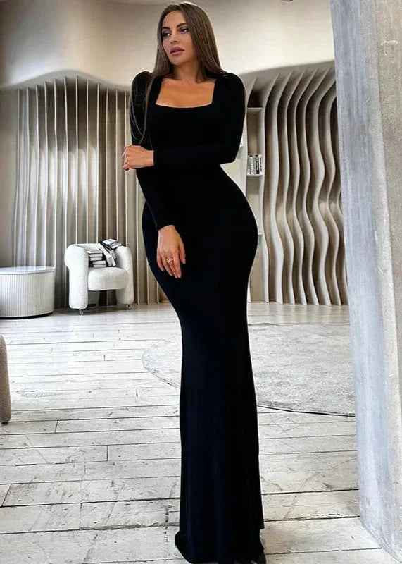 Square Neck Long Sleeve Mermaid Hem Bodycon Maxi Dress