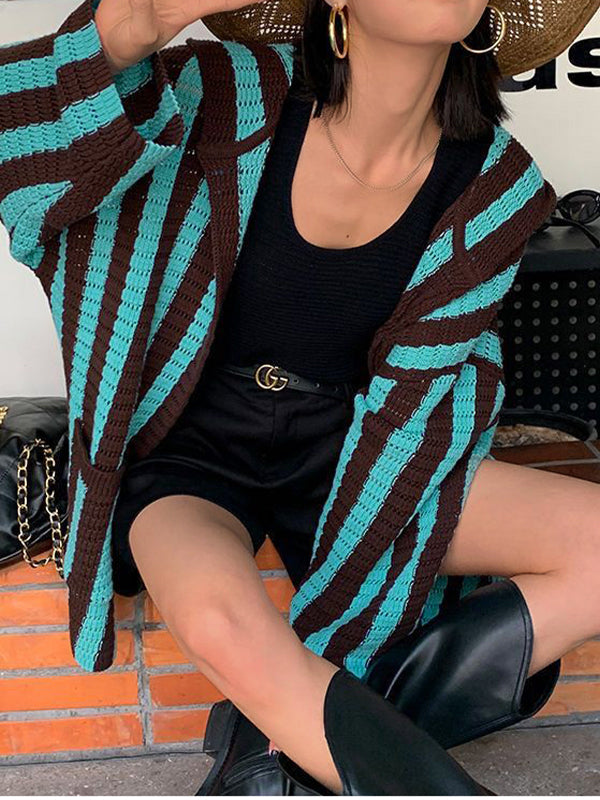Knit Contrast Color Stripe Hooded Cardigan