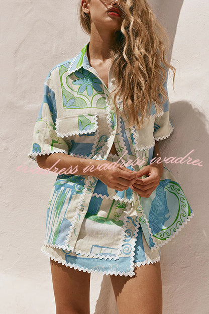 Pierre Linen Blend Ric Rac Trims Unique Print Short Sleeve Shirt and Wrap Tie-up Mini Skirt Set