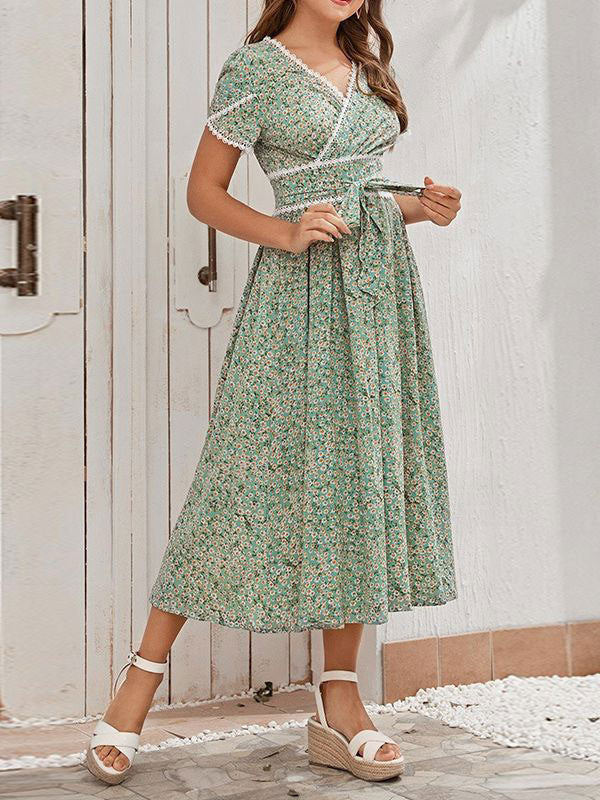 Printed Layered Casual V-Neck Short Sleeves Midi Dress