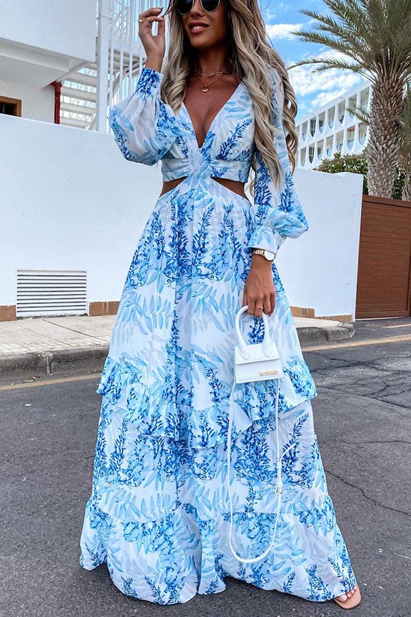 Botanical Leaf Print Deep V-Neck Side Cutout Puff Sleeve Tiered Maxi Dress
