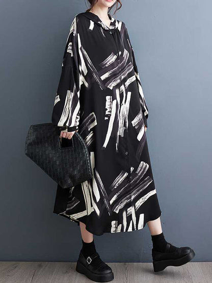 Long Sleeves Loose Buttoned Hooded Printed Midi Dresses Outerwear
