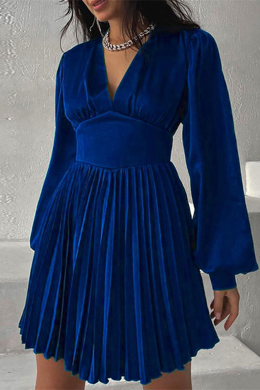 Trendy V-neck Balloon Sleeve Pleated Mini Dress