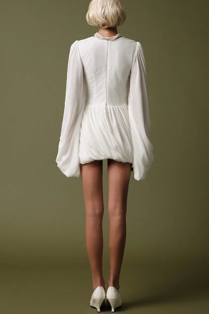 Solid Color Round Neck Lantern Long Sleeve Pleated Casual Mini Dress