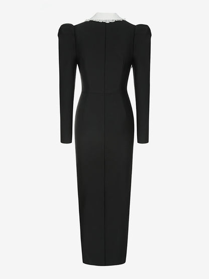 Bodycon Dresses Black Long Sleeves Sexy Turndown Collar Midi Dress Sheath Dress