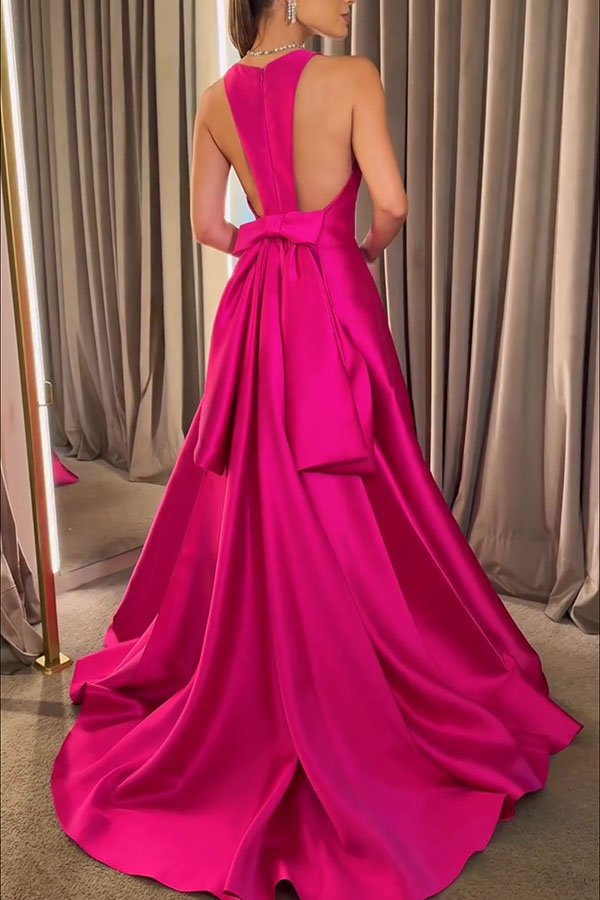 Modern Charm Satin Back Bow Detail Pocketed Porm Maxi Dress