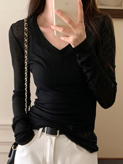 Ribbed V Neck Slim Long Sleeve Knit