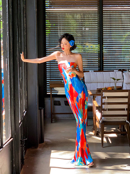 Colorful Floral Strapless Ruched Maxi Dress – Summer Statement Piece