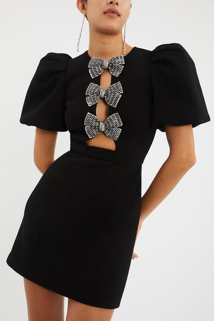 Bow Cut-Out Puff Sleeve Mini Dress