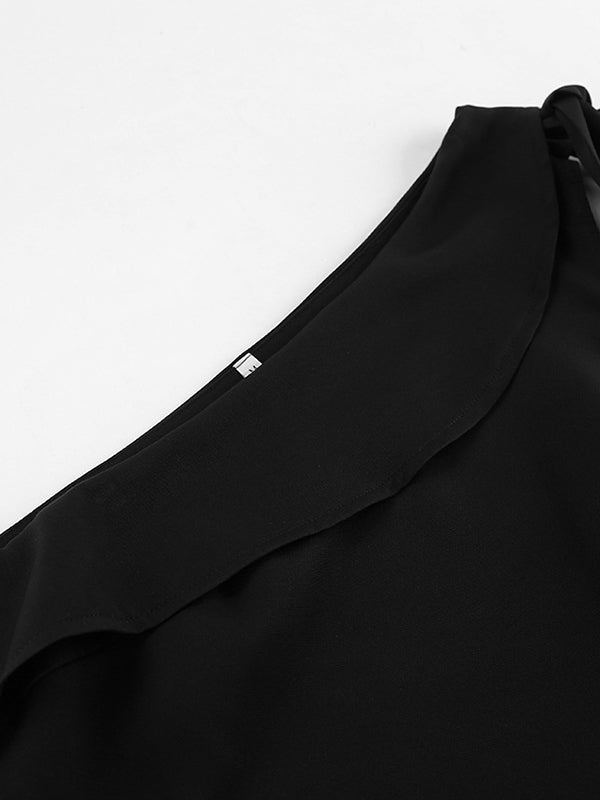 Loose Sleeveless Solid Color Split-Joint Tied Zipper One-Shoulder Mini Dresses