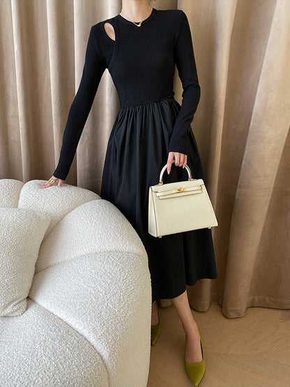A-Line Long Sleeves Elasticity Hollow Solid Color Split-Joint Round-Neck Midi Dresses