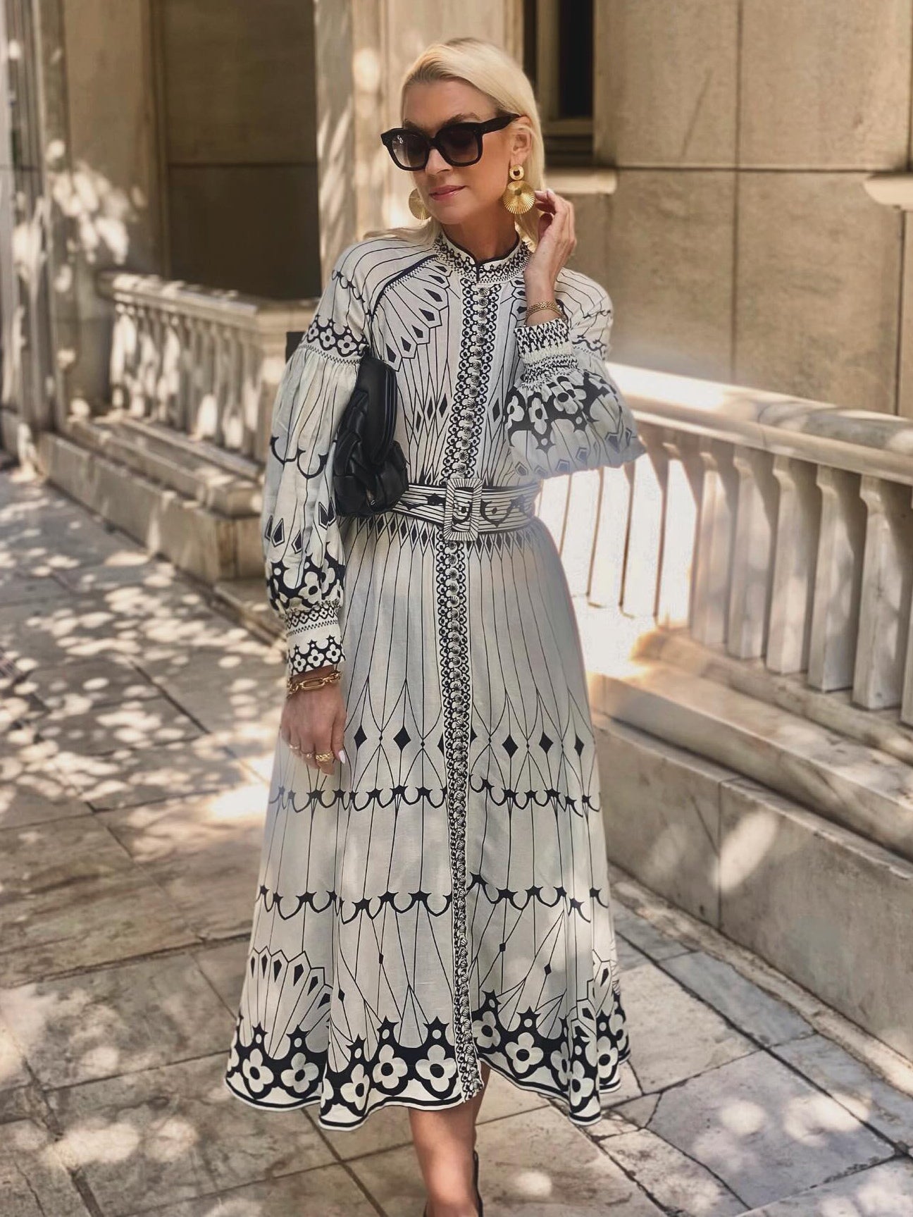Shirt Dresses Printed Long Sleeves Round Neck Casual Midi Dress