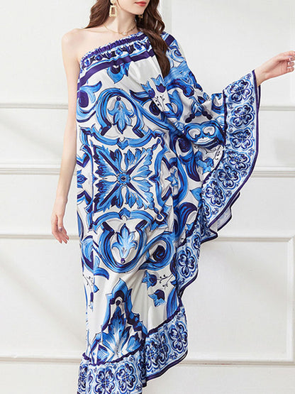 Batwing Sleeves Loose Asymmetric Falbala Floral Printed One-shoulder Midi Dresses