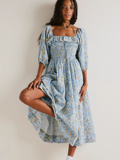 A-Line Dress Floral Ruching Sqaure Neck Three Quarters Daily Casual Midi Dresses
