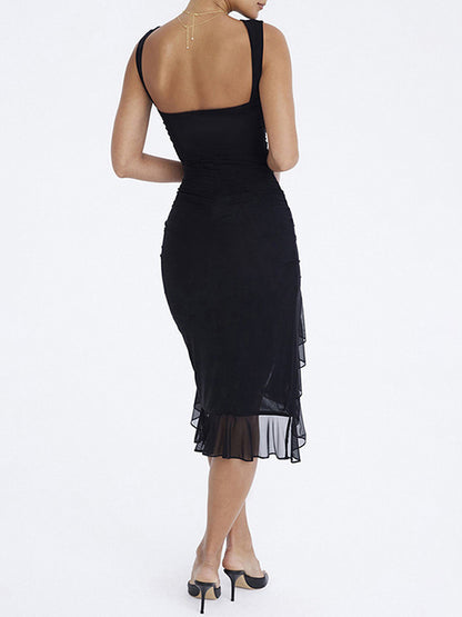 Black Party Dress Tulle Ruffles Boatneck Asymmetrical Semi Formal Midi Dresses