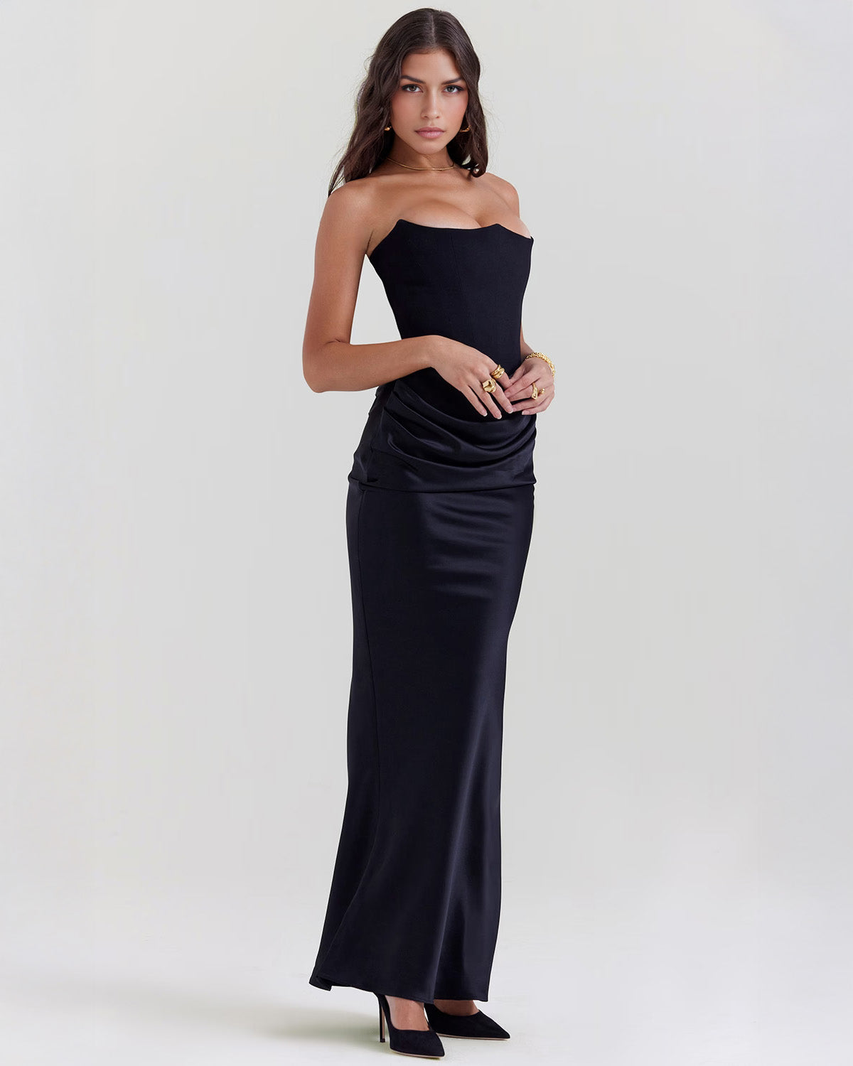 Strapless Pointed Sweetheart Corset Bodice Draped Hip Column Maxi Gown