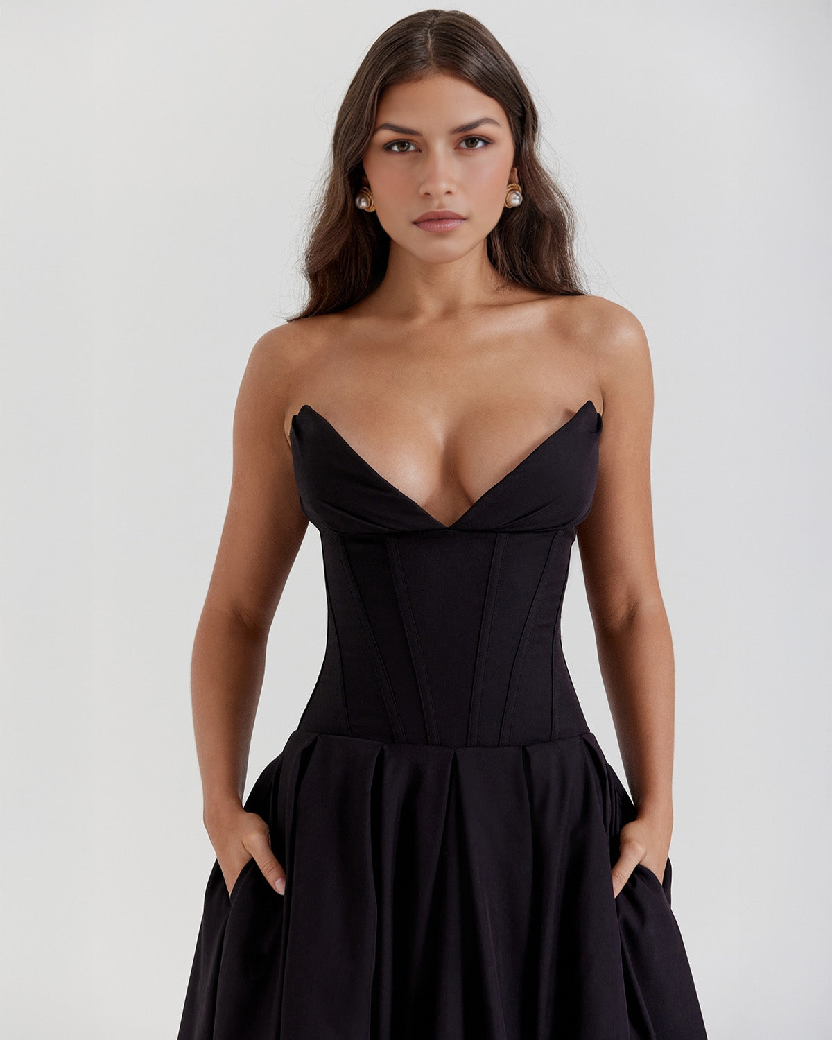 Strapless Pointed Sweetheart Corset Bodice Box Pleat A-Line Midi Dress