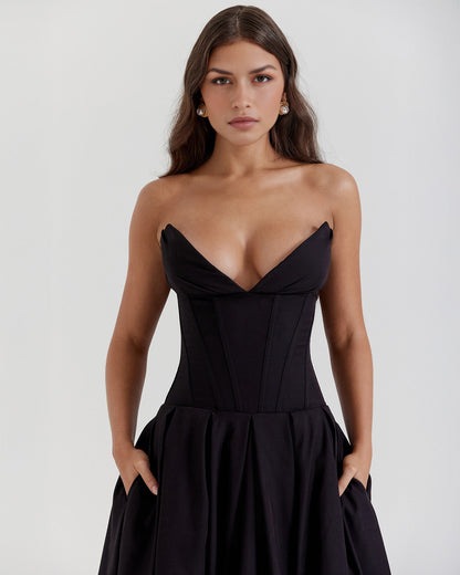Strapless Corset Sweetheart Neckline Box Pleat A-Line Midi Dress