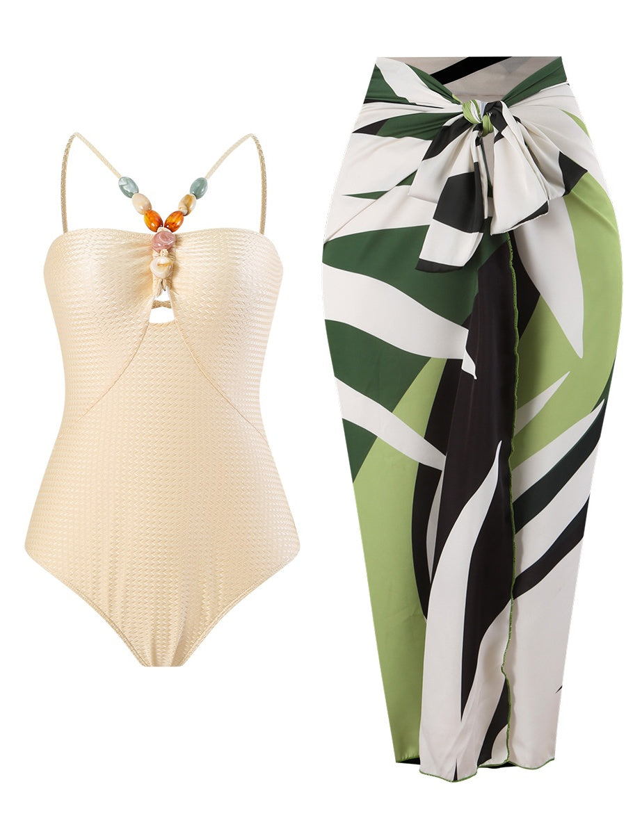 One-piece Swimsuit With Multi-colored Hollowed-out Gemstone Halter Straps, French Style.