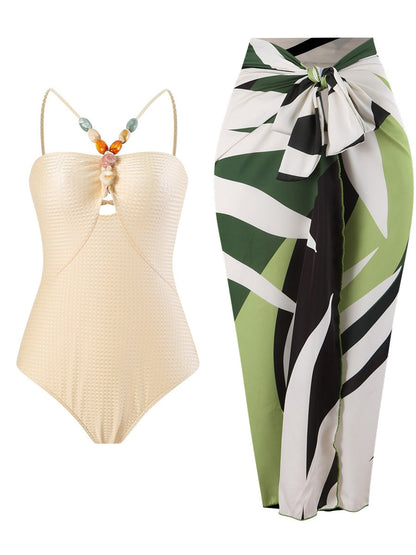 One-piece Swimsuit With Multi-colored Hollowed-out Gemstone Halter Straps, French Style.