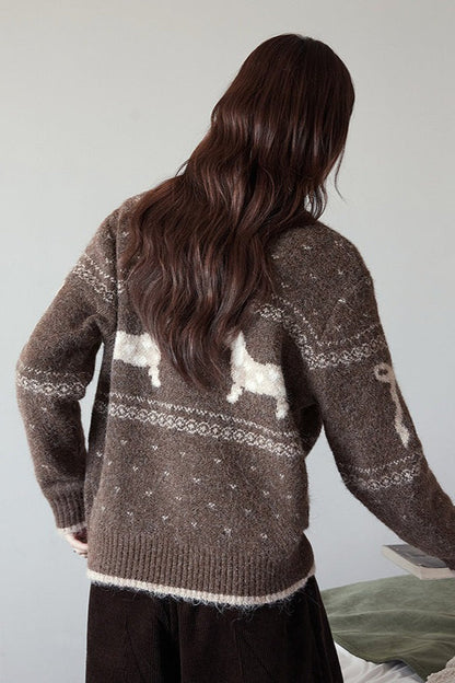 Vintage Stand Collar Puppy Print Jacquard Sweater