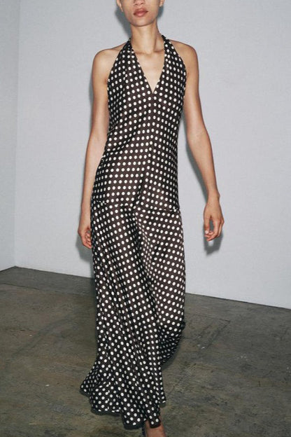 Polka Dot Halter Neck Deep V-Neck Column Maxi Dress