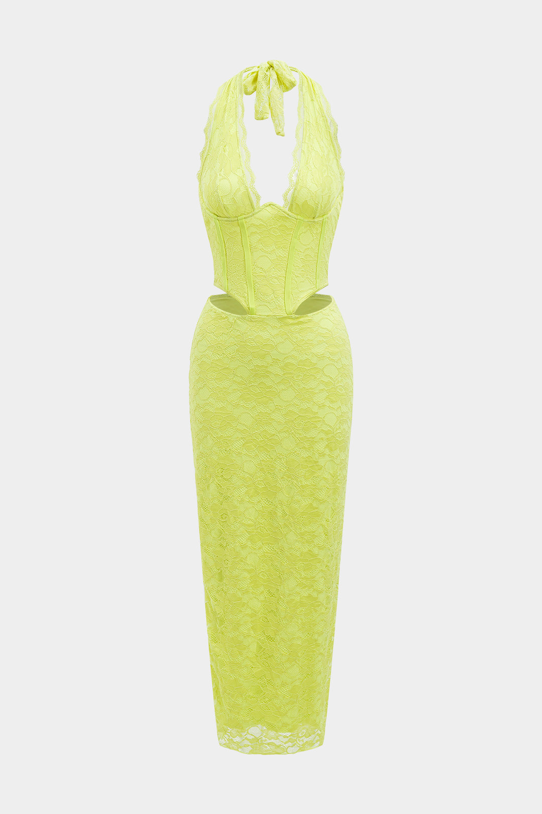 Lace Halter Neck Corset Waist Cut Out Bodycon Maxi Dress