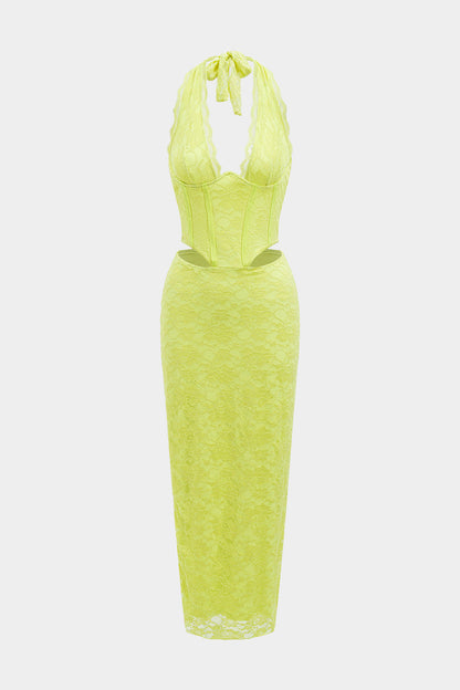 Lace Halter Neck Corset Waist Cut Out Bodycon Maxi Dress