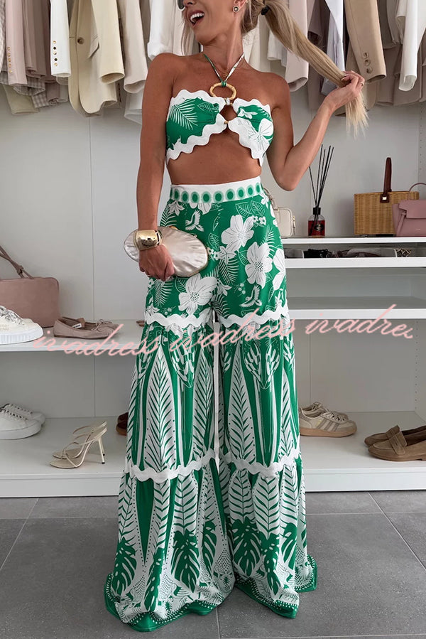 Cassie Ric Rac Trims Unique Print Halter Ring Tank and High Rise Wide Leg Pants Set