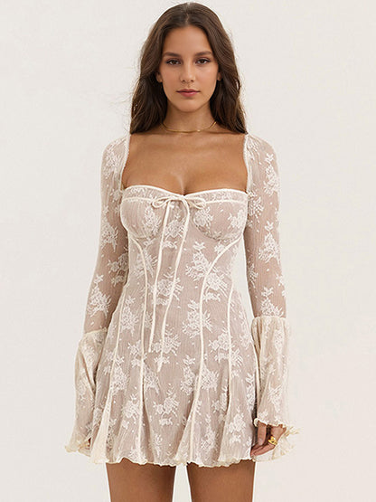 Babydoll Flare Dresses Square Neck Long Sleeves Mini Dresses