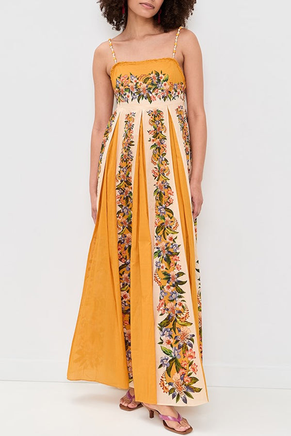 Bloom Bright Linen Blend Floral Print Beaded Shoulder Straps Pocket Maxi Dress