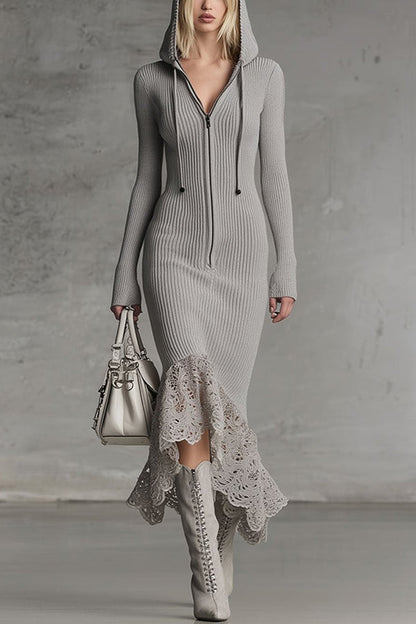 Solid Color Hooded Zip-up Long-sleeved Slim-fit Lace Hem Midi Dress