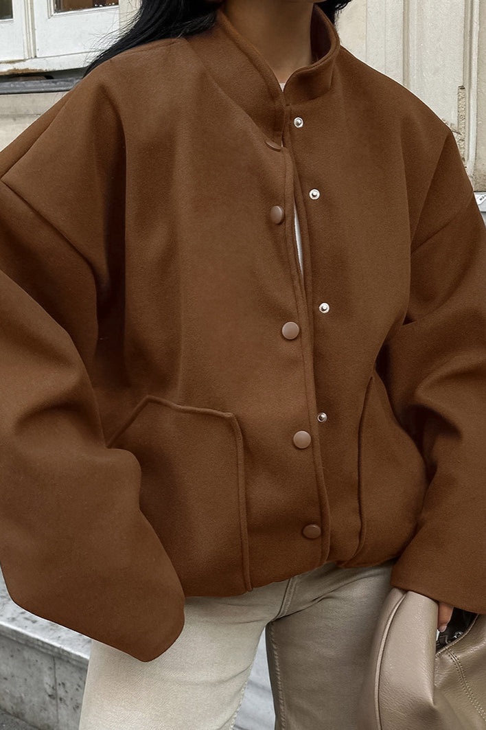 Stand Collar Melange Brown Wool Coat