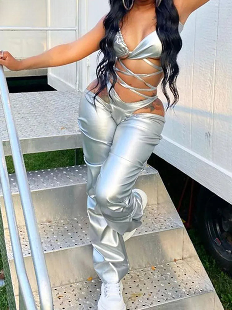 Stacked Faux Leather Low Waist Pant