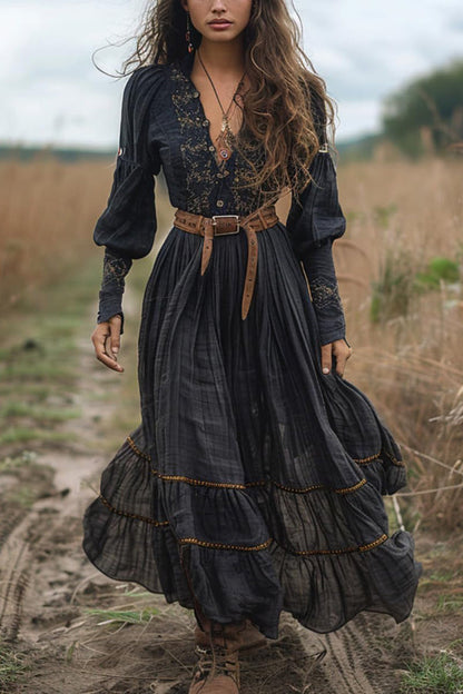 Unique Print V-Neck Long Sleeve Casual Vacation Maxi Dress
