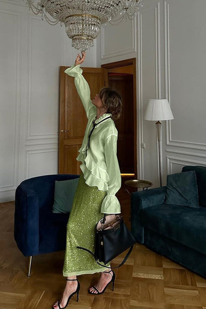 Sheer Bell-Sleeve Stylish Sexy Blouse