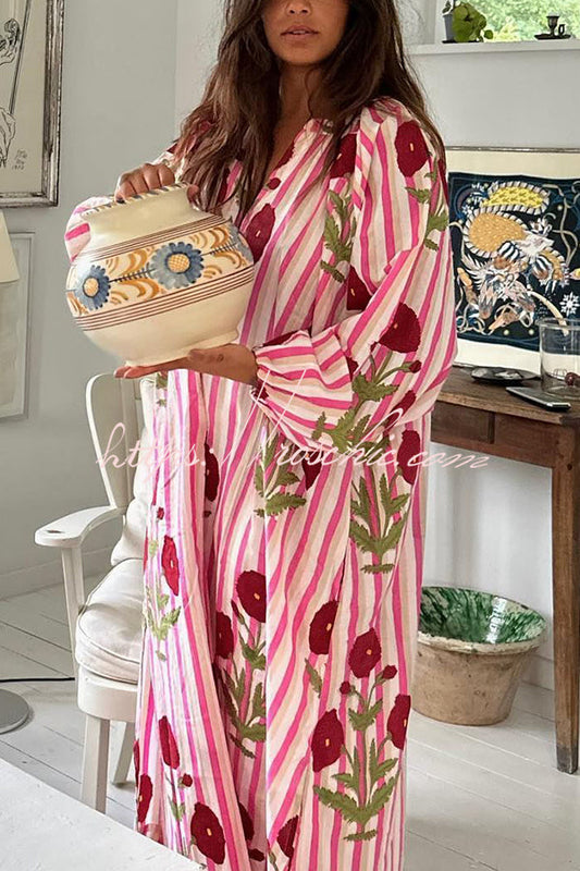 Lara Linen Blend Floral Stripe Print Button Up Belt Pocketed Kaftan Midi Dress