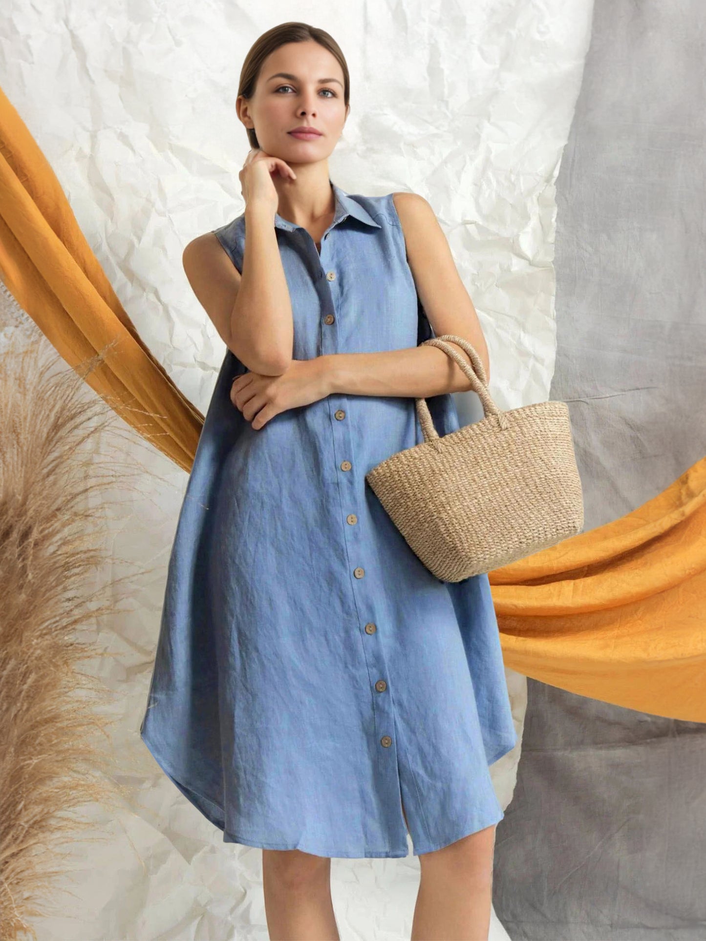 Blue Shirt Dresses Buttons Front Sleeveless Cotton Summer Casual Midi Dress