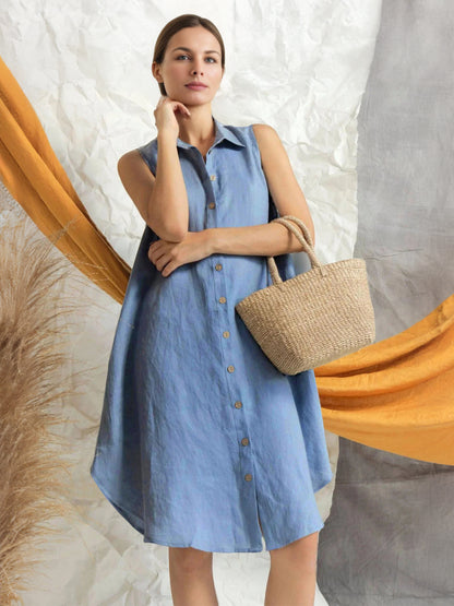 Blue Shirt Dresses Buttons Front Sleeveless Cotton Summer Casual Midi Dress