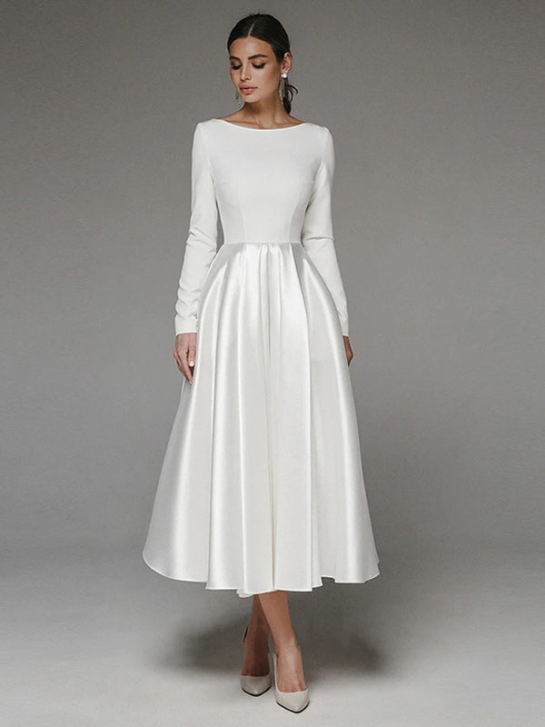White Prom Dress Boatneck Ruched Skirt Birthday Party Midi Dresses
