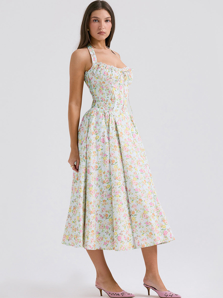 Corset Dress Floral Halter Lace Up Front Pleated Eyelet Trim Party Midi Dresses