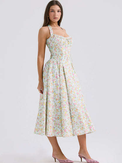 Corset Dress Floral Halter Lace Up Front Pleated Eyelet Trim Party Midi Dresses