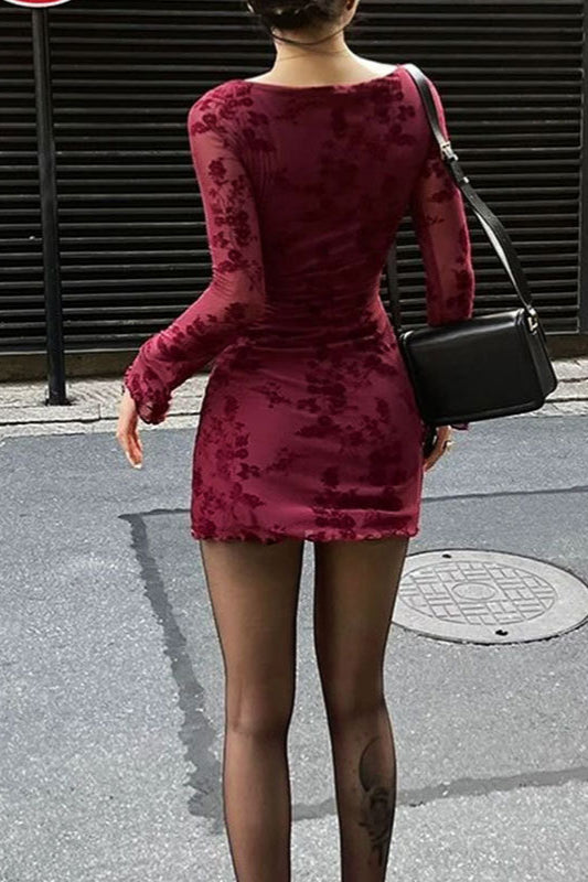 Boat Neck Long Sleeve Floral Burnout Velvet Bodycon Mini Dress